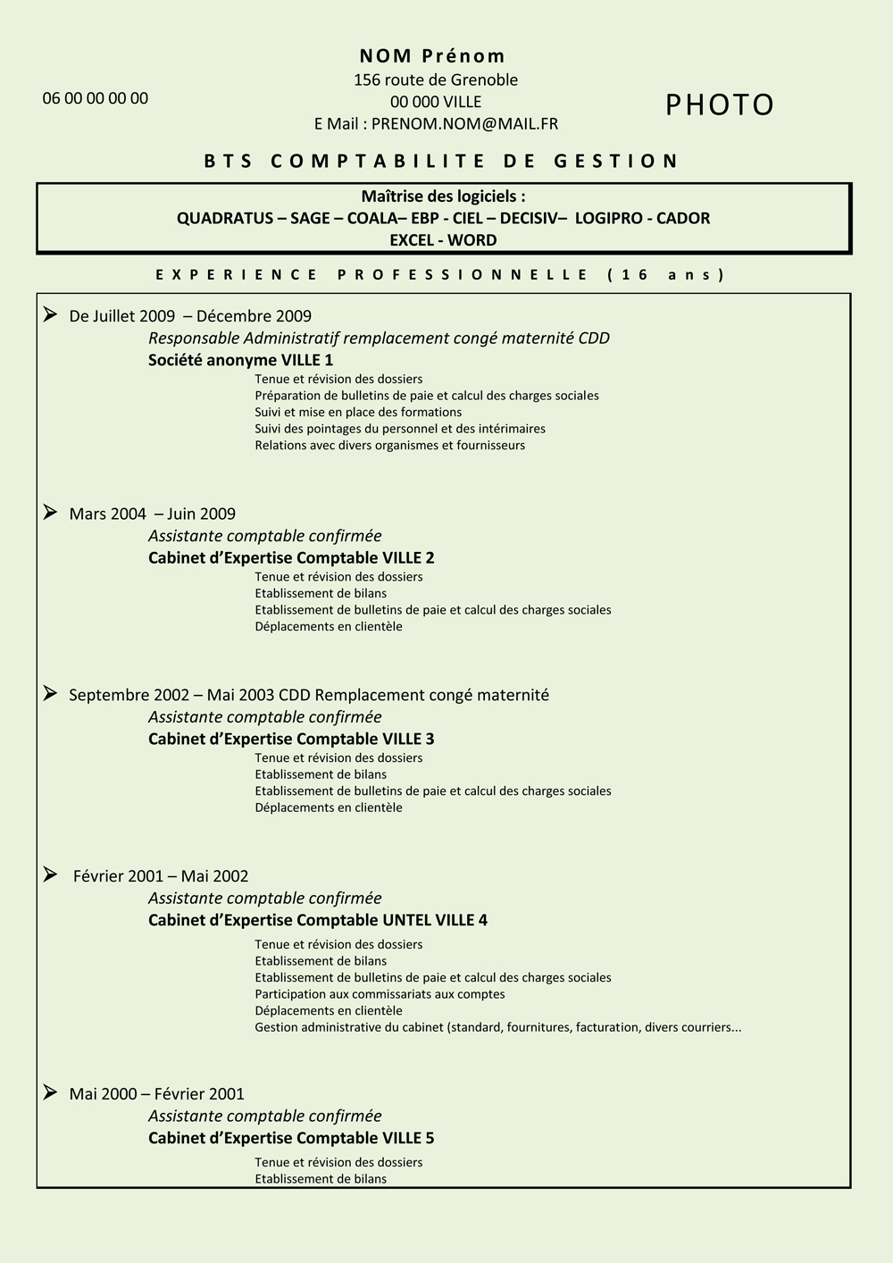 example resume  exemple cv comptable