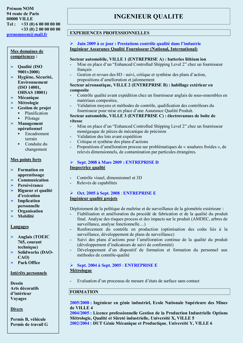 Modèle CV Ingénieur Qualité - Mod7le CV