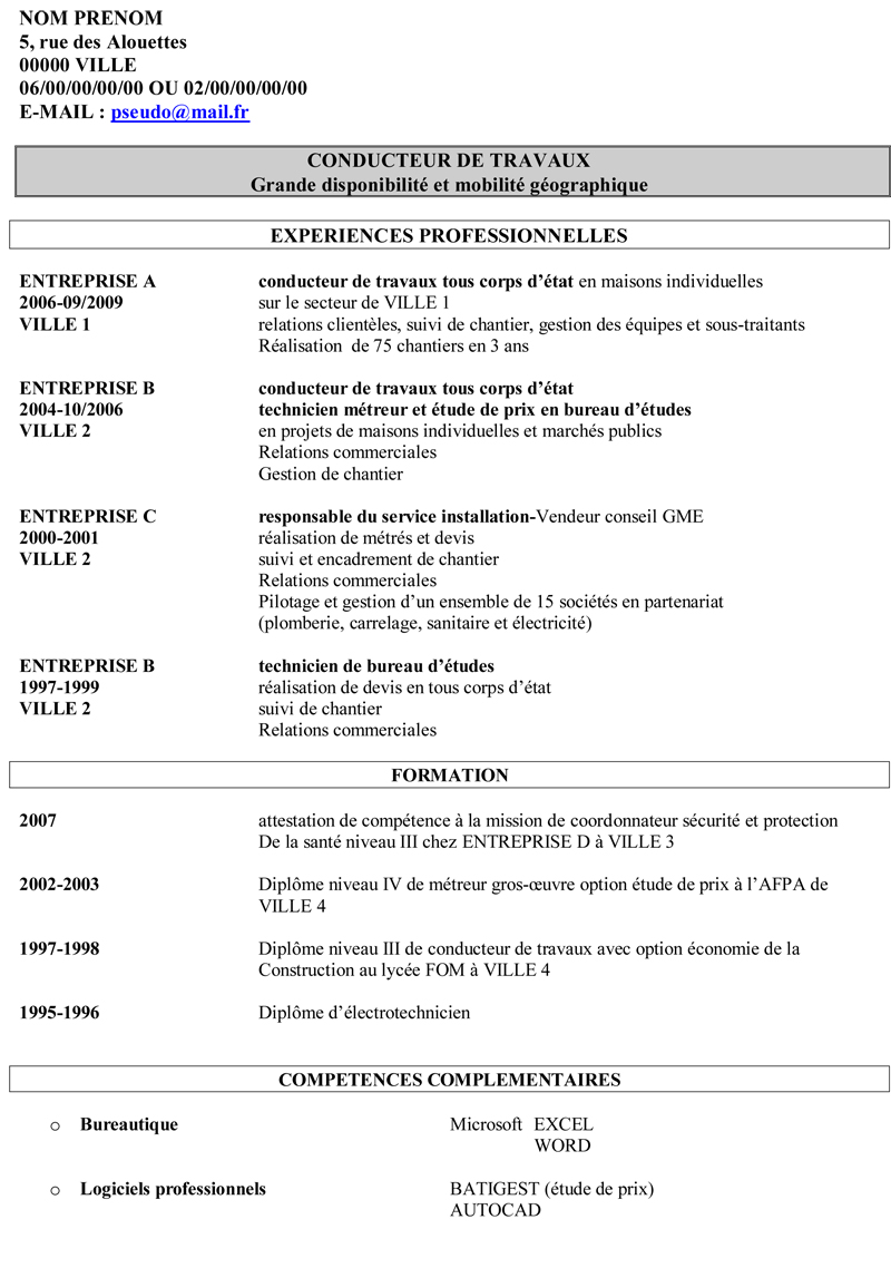 Modèle CV Conducteur de Travaux - Mod7le CV - Modèle CV 