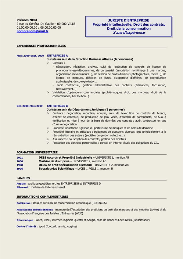 modele CV juriste